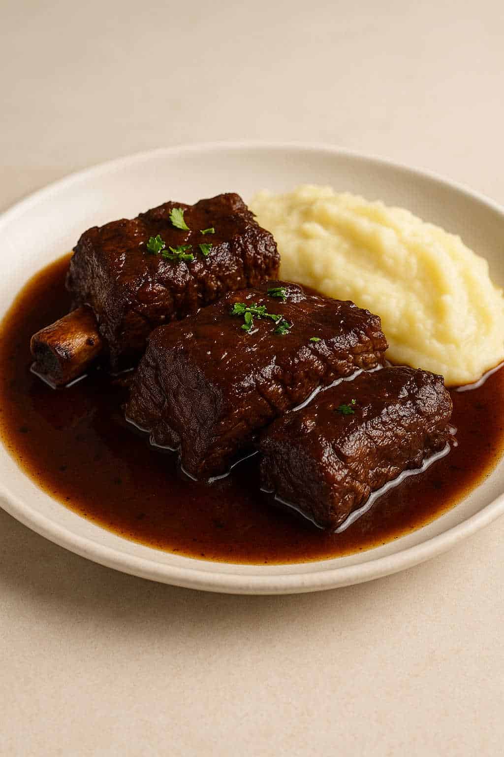 A high-resolution image of braised beef short ribs glazed in a rich, dark red wine sauce, garnished with fresh parsley. The ribs are served alongside a creamy mound of mashed potatoes on a simple white plate, set against a warm, neutral background.