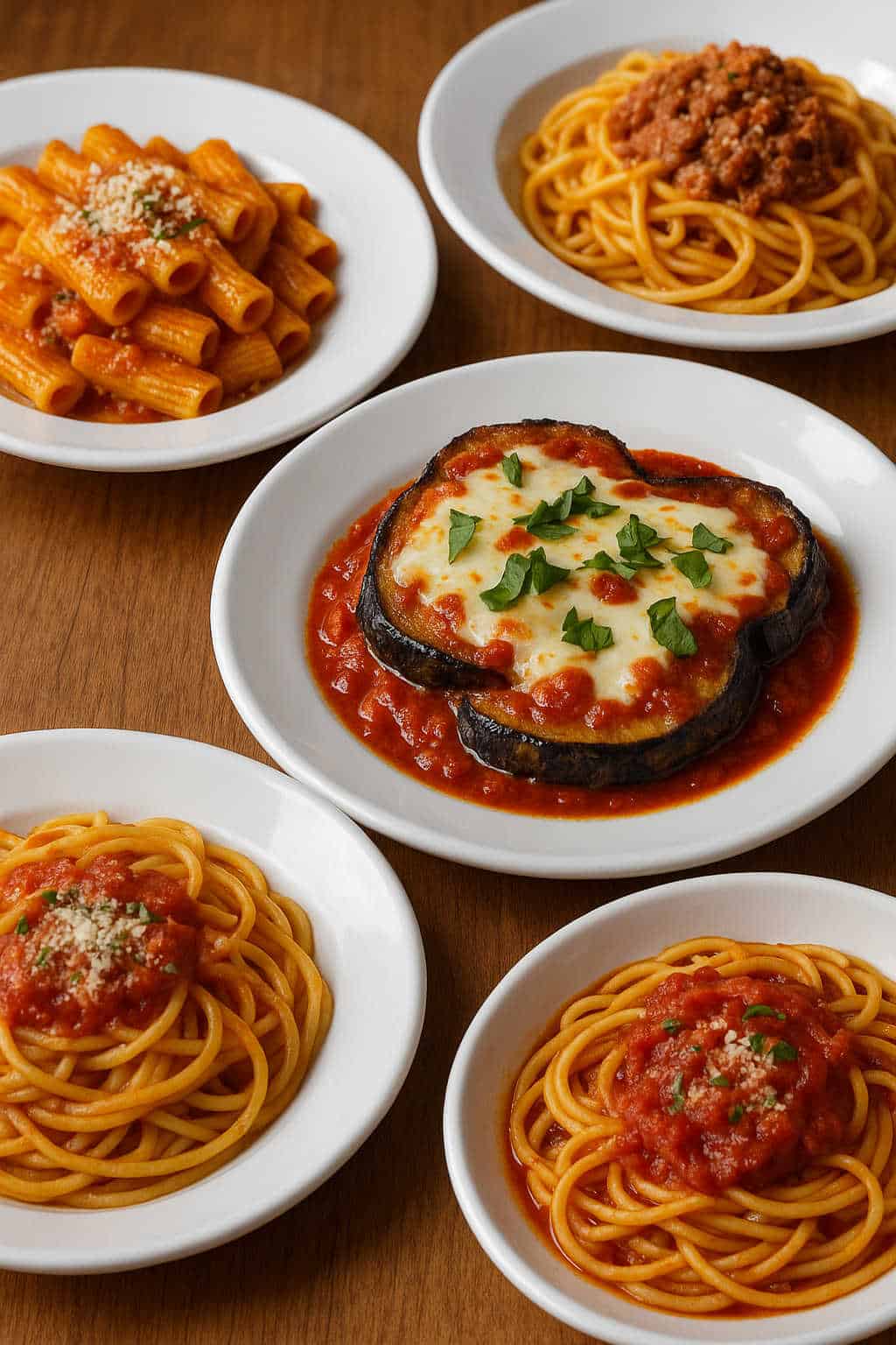 A high-resolution image displays five Italian pasta dishes on white plates atop a wooden table. In the center, Eggplant Parmigiana features layered, breaded eggplant slices topped with melted mozzarella, marinara sauce, and fresh basil. Surrounding it are Rigatoni in creamy tomato sauce, Spaghetti Bolognese, and two servings of Spaghetti Marinara, all garnished with grated cheese and herbs.