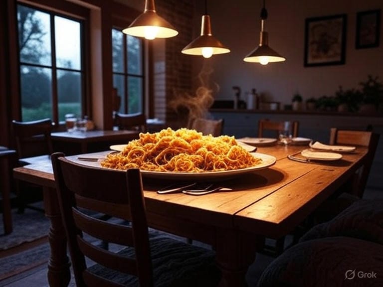 A warm, inviting dining room at Ciao Ragazzi with soft lighting from hanging lamps, featuring a large plate of steaming handmade pasta at the center of a wooden table. The background shows wooden chairs, a blurred view of other tables, and large windows with a hint of greenery outside, creating a cozy and welcoming atmosphere.